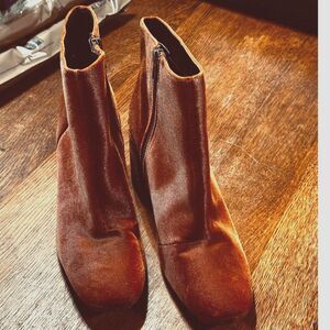 ASOS : Shoes Cognac Orange Velvet Block 3" Heel Ankle Boots Size 7 Zip Closure